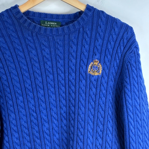 Lauren Ralph Lauren Christmas Cable Knit Sweater PS Blue Crest Crewneck Pullover - Picture 2 of 9
